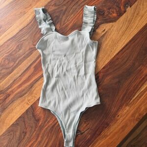 Ribbed Ruffle Strap Thong Bodysuit Size L blue rain